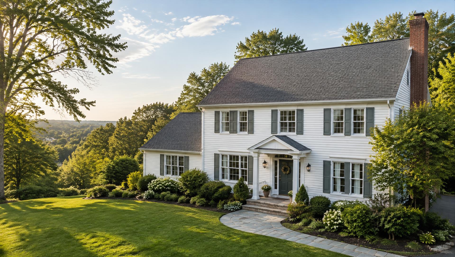 Stone North Jersey home with a new shingle roof at dusk