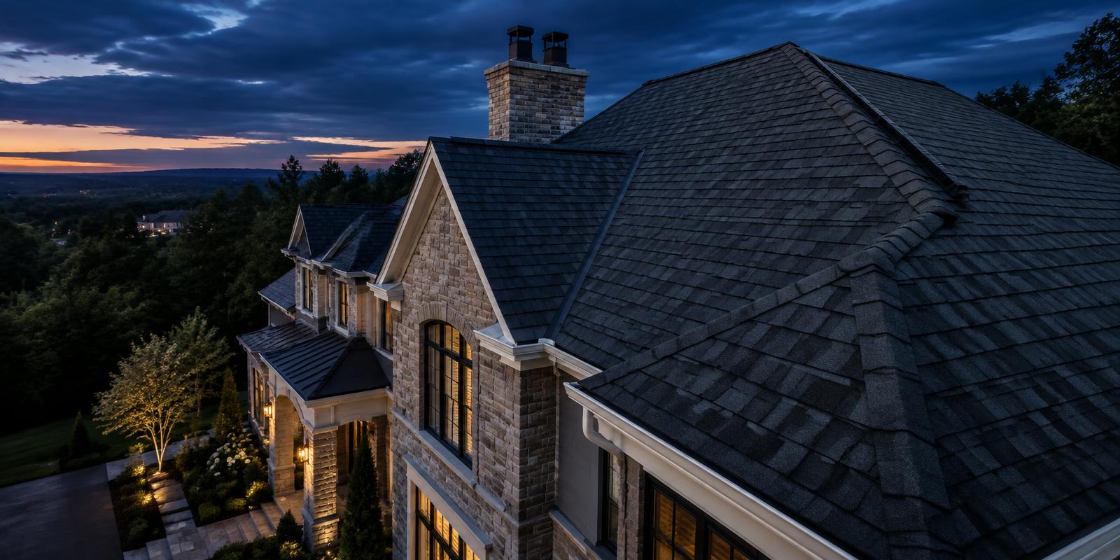 Roof system with chimney, shingles, flashing and gutters at dusk